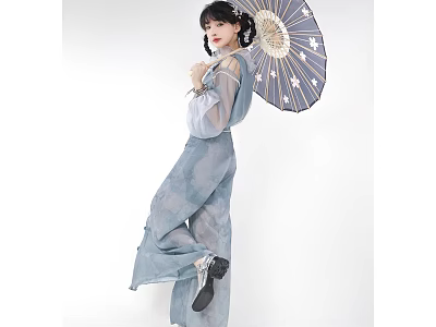 Woman in Light Blue Traditional Clothing Holding Star Patterned Umbrella Against White Background 3d model