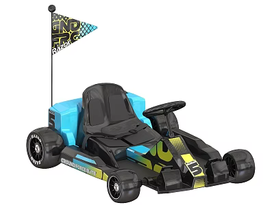 Black And Blue Racing Go Kart With Flag Steering Wheel And Seat 3d model
