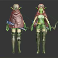 Elf Archer 3D Character Model With Green Hair Cloak Bow Arrow Quiver Front Back View
