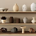 Ceramic Vessels In Various Shapes And Textured Designs On Wooden Shelves