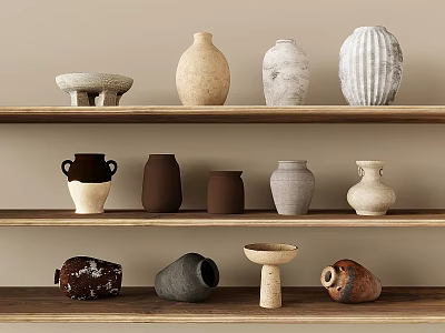 Ceramic Vessels In Various Shapes And Textured Designs On Wooden Shelves 3d model