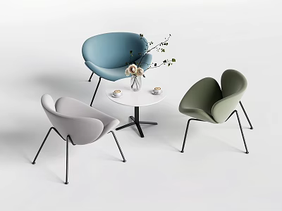 Modern Table and Chair Set with Blue Gray Green Chairs Black Legs and Vase Flowers 3d model