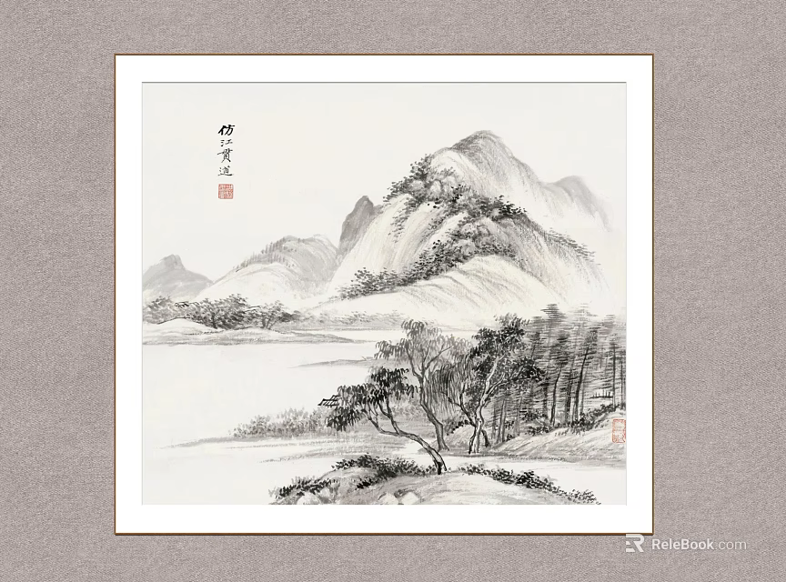 Traditional Chinese Landscape Painting With Rolling Mountains Flowing River And Pine Trees 3d model 