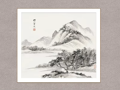 Traditional Chinese Landscape Painting With Rolling Mountains Flowing River And Pine Trees 3d model