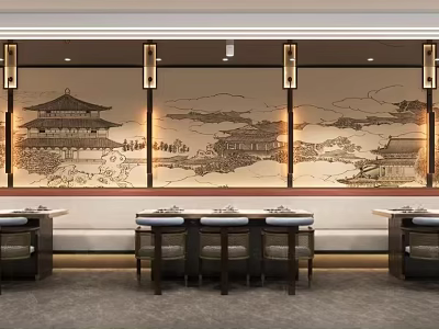 Traditional Chinese Restaurant Interior With Ancient Architecture Murals And Bar Stools 3d model