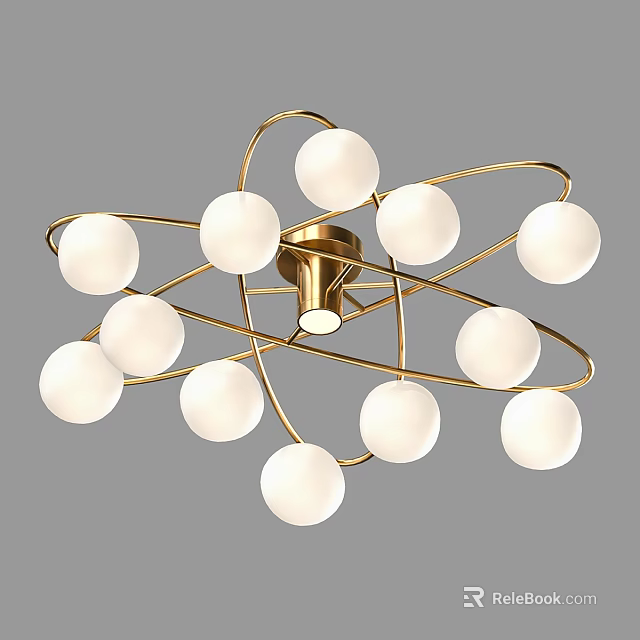 Modern Artistic Ceiling Light With Golden Frame And White Spherical Bulbs 3d model