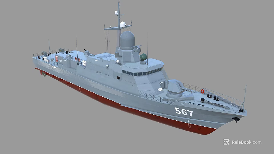 Gray Warship With Red Bottom Number 567 And Radar System On Deck 3d model 