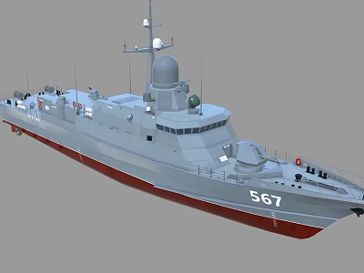 Gray Warship With Red Bottom Number 567 And Radar System On Deck 3d model