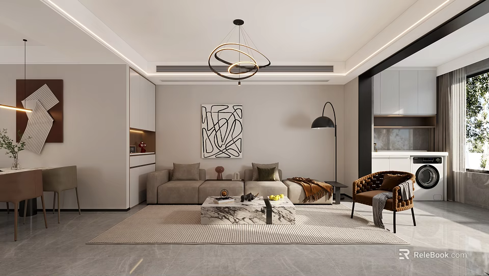 Modern Living Dining Room Interior With Ring Chandelier Abstract Painting Sofa Coffee Table And Rug 3d model 