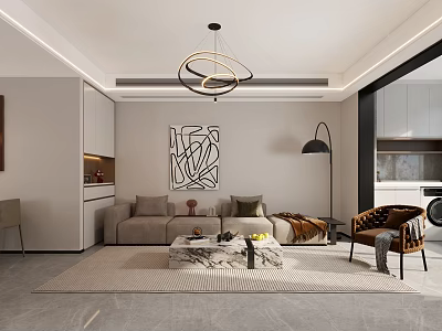 Modern Living Dining Room Interior With Ring Chandelier Abstract Painting Sofa Coffee Table And Rug 3d model