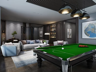 Elegant Billiard Room Interior Design With Green Pool Table Chandelier Comfortable Sofa And Bookshelf 3d model
