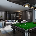 Elegant Billiard Room Interior Design With Green Pool Table Chandelier Comfortable Sofa And Bookshelf