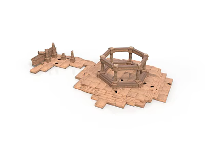 Architectural Model of Historical Building with Octagonal Structure and Wooden Components on Scattered Platform Base 3d model