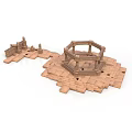 Architectural Model of Historical Building with Octagonal Structure and Wooden Components on Scattered Platform Base