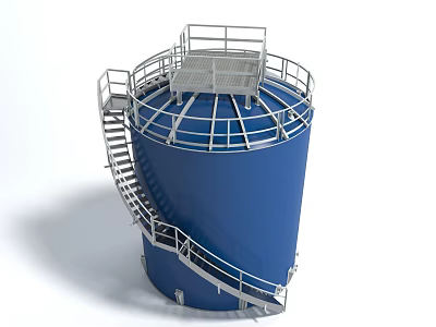 Industrial Blue Cylindrical Storage Tank With Metal Stairs And Top Platform 3d model