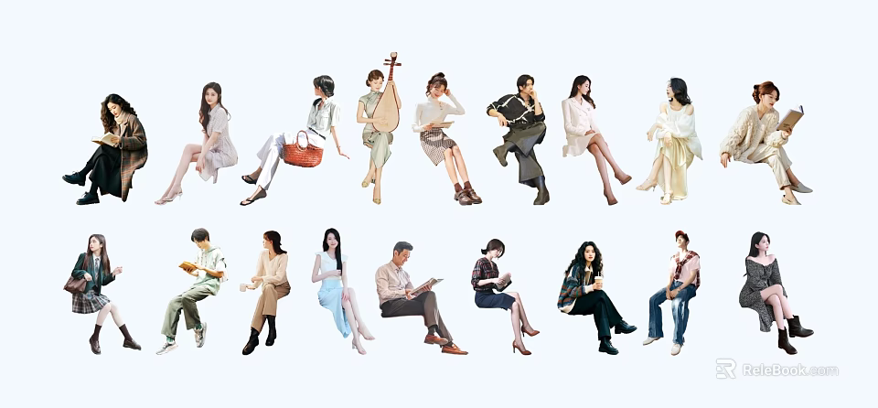 Group Of People Sitting In Various Poses Playing Pipa Reading And Holding Bags 3d model 