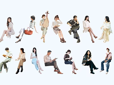 Group Of People Sitting In Various Poses Playing Pipa Reading And Holding Bags 3d model