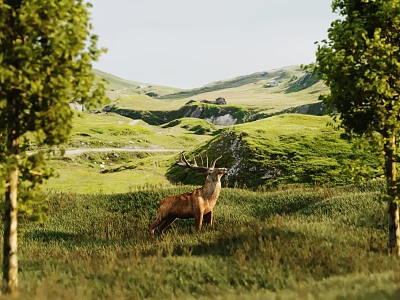 Red Deer Stag Standing In Green Meadow With Trees And Rolling Hills 3d model
