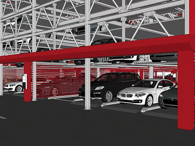 Multi Level Parking Garage With Metal Frame Red Pillars And Parked Cars 3d model