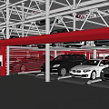 Multi Level Parking Garage With Metal Frame Red Pillars And Parked Cars