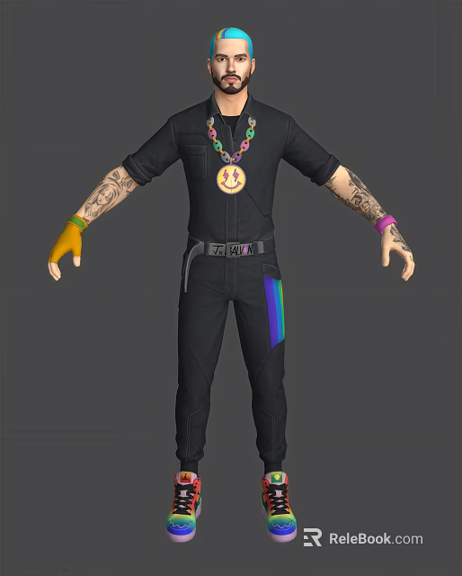 Man Wearing Black Jumpsuit Colorful Necklace Large Medal Tattooed Arms Yellow Glove Rainbow Stripe 3d model 