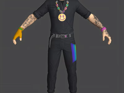 Man Wearing Black Jumpsuit Colorful Necklace Large Medal Tattooed Arms Yellow Glove Rainbow Stripe 3d model