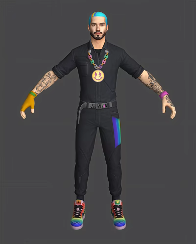Man Wearing Black Jumpsuit Colorful Necklace Large Medal Tattooed Arms Yellow Glove Rainbow Stripe 3d model