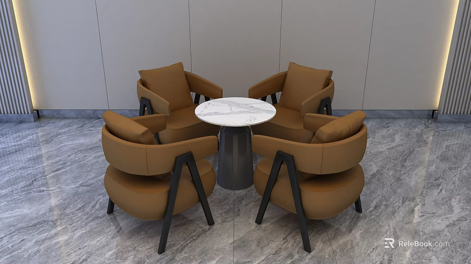 Four Brown Armchairs Around White Marble Top Round Table On Gray Floor With Light Walls 3d model 