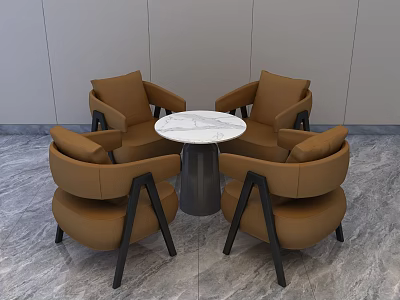 Four Brown Armchairs Around White Marble Top Round Table On Gray Floor With Light Walls 3d model