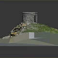 Detailed 3D Model of Cliff Featuring Circular Stone Structure Green Grass and Orange Rocks