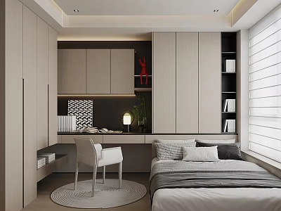 Tatami Bedroom Interior Design With Bed Desk Chair Storage Cabinets And Window Blinds 3d model