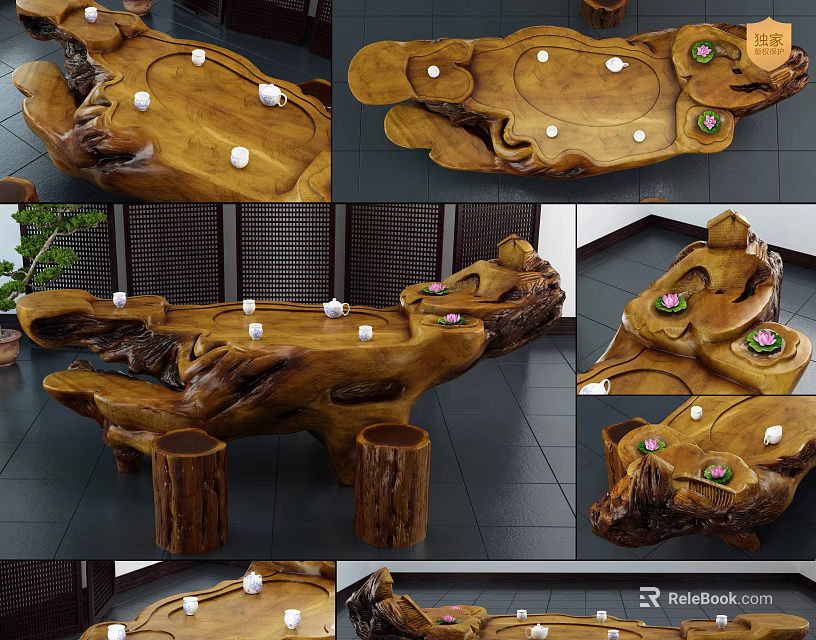 Natural Log Root Carving Tea Table With Handcrafted Design And Tea Set 3d model 