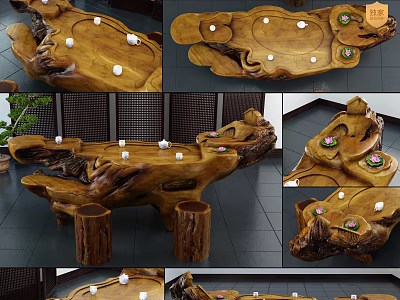 Natural Log Root Carving Tea Table With Handcrafted Design And Tea Set 3d model