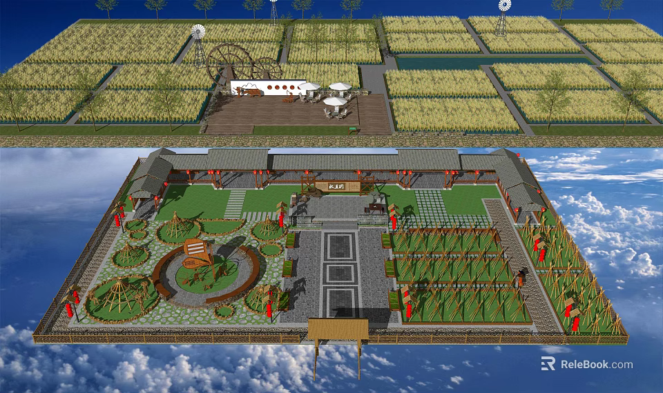 Traditional Rural Landscape with Rice Fields Courtyard Greenery and Symmetric Design 3d model 