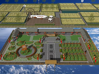Traditional Rural Landscape with Rice Fields Courtyard Greenery and Symmetric Design 3d model