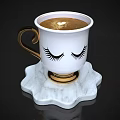 White Cup With Eyelashes Design Gold Handle On Marble Coaster Holding Coffee