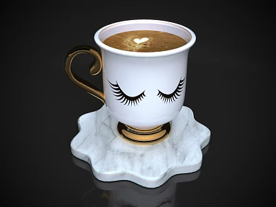 White Cup With Eyelashes Design Gold Handle On Marble Coaster Holding Coffee 3d model