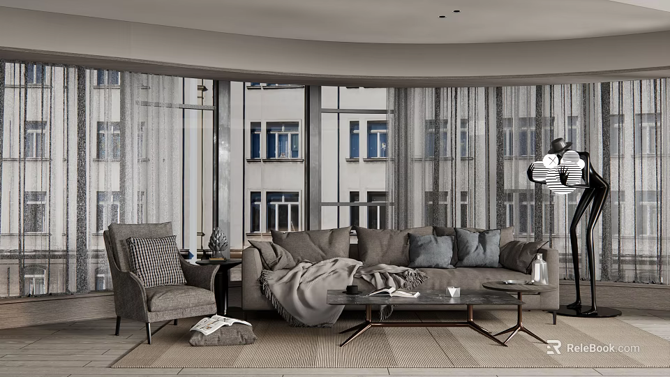 Sofa and Coffee Table Set with Accent Chair Throw Blanket Near Large Windows 3d model 