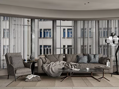 Sofa and Coffee Table Set with Accent Chair Throw Blanket Near Large Windows 3d model