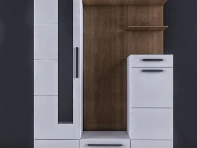 Modern White Wooden Wardrobe Design With Functional Drawers And Open Shelves 3d model