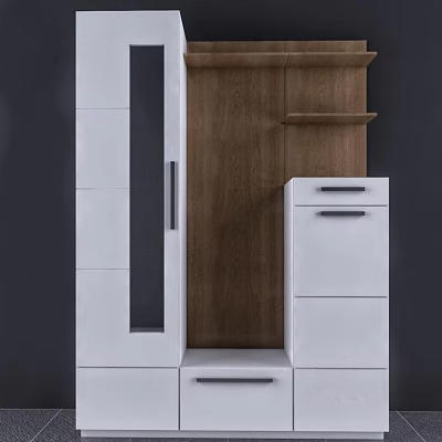 Modern White Wooden Wardrobe Design With Functional Drawers And Open Shelves 3d model