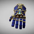 Blue And Gold Mechanical Glove With Intricate Geometric Patterns And Metallic Components