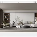 Modern Living Room Interior With Light Gray Sofa Green Armchair Round Coffee Table And Bookshelf