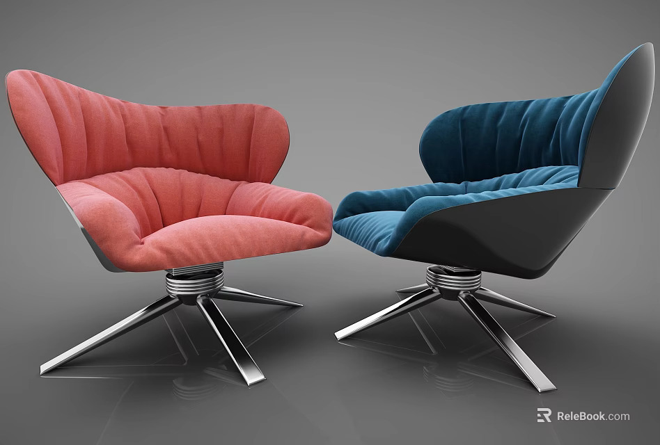 Modern Single Sofa With Curved Design Rotatable Metal Base And Comfortable Pink Blue Cushions 3d model 