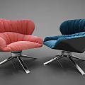 Modern Single Sofa With Curved Design Rotatable Metal Base And Comfortable Pink Blue Cushions