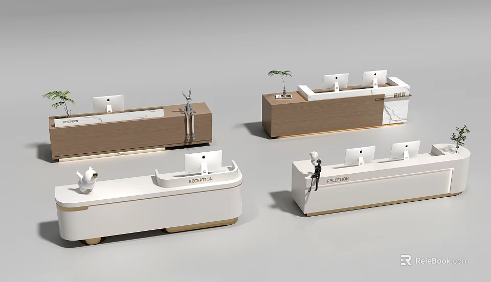 Modern Reception Desk Designs With Wooden White Countertops Marble Accents And Decorative Plants 3d model 