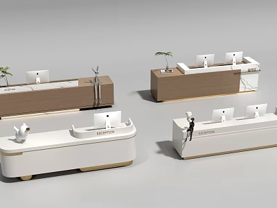 Modern Reception Desk Designs With Wooden White Countertops Marble Accents And Decorative Plants 3d model