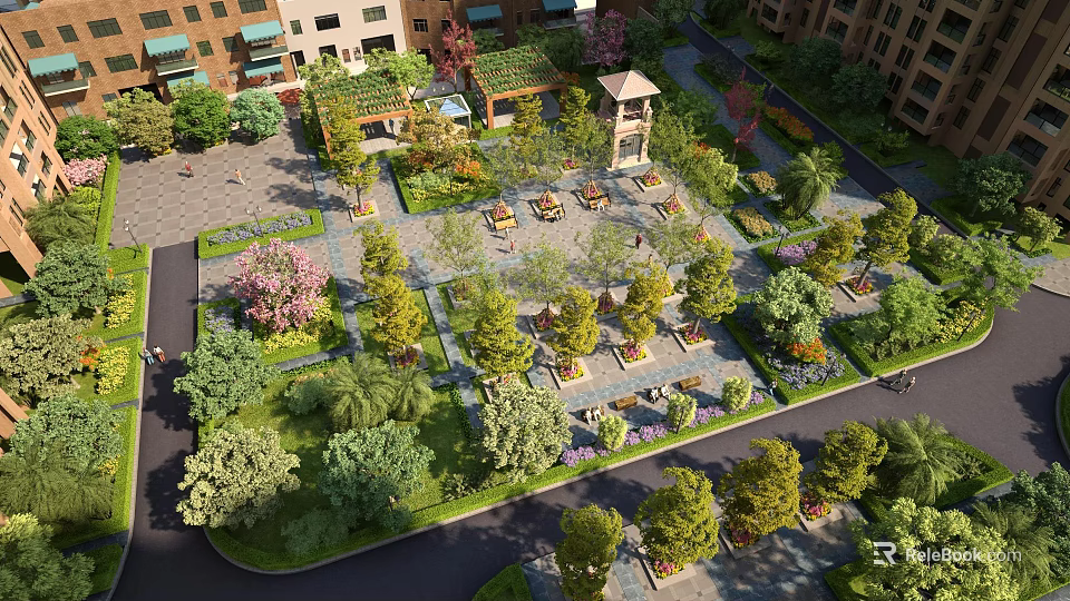 Beautiful Landscaped Garden Design With Pavilion Trees Paved Square Water Feature And Seating Areas 3d model 