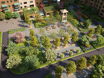 Beautiful Landscaped Garden Design With Pavilion Trees Paved Square Water Feature And Seating Areas 3d model