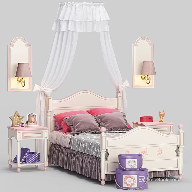 Pink And White Double Bed With Canopy Nightstands Table Lamps And Decorative Pillows 3d model 